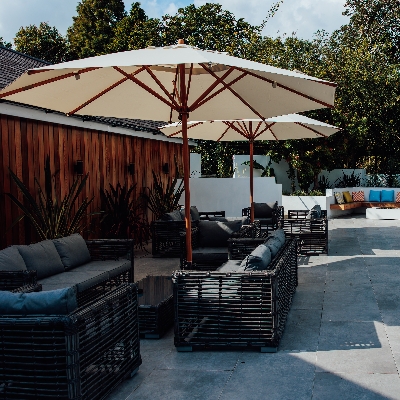 Talhenbont Hall has added an outdoor terrace to the rear of the property