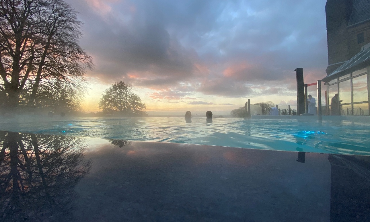 Shrigley hall's infinity pool at twilight