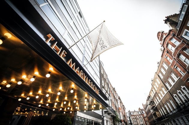 Exterior and sign of The Marylebone, London