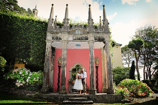 Bride and groom in beautiful portmerion gardens