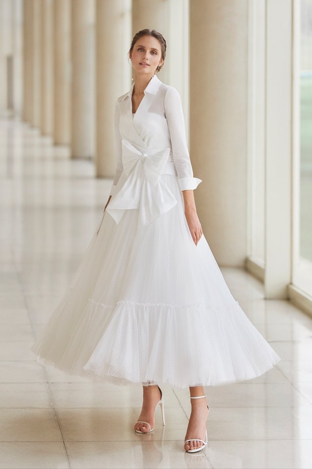 ballgown with organza jacket overlay and bow
