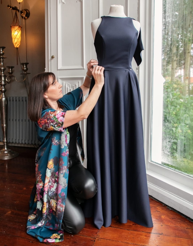 Beth making a bridesmaid dress at her boutique Laraine Westwood