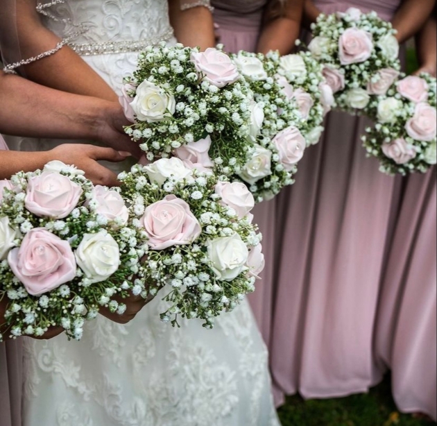 Bride and bridesmaid foam flower bouquets in pink and white