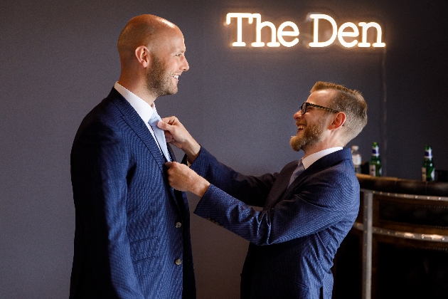 Groom and groomsmen getting ready in The Den at Colshaw Hall