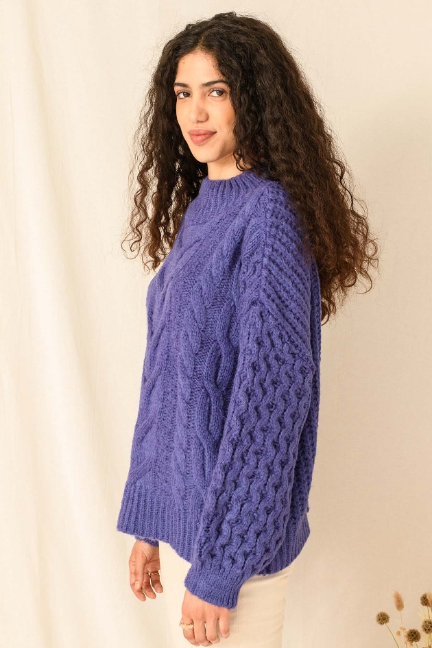 chunky purple knit jumper on model