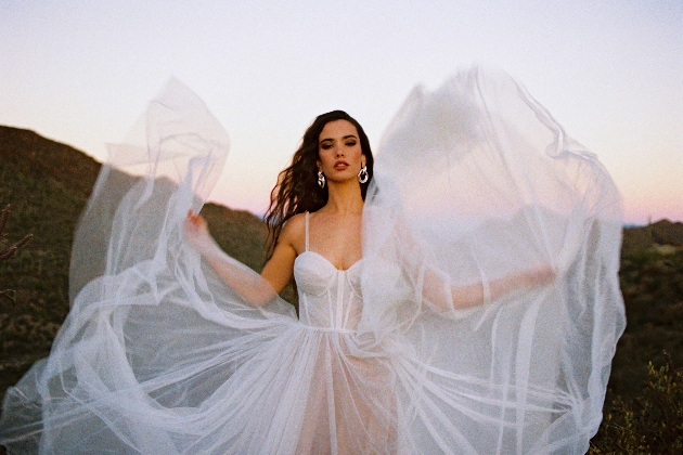 Bridal model swishing a tulle skirt