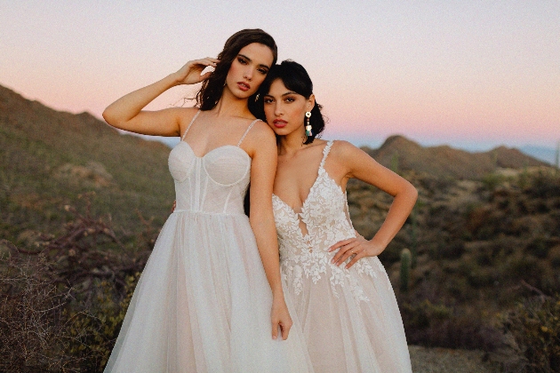 Two bridal models wearing strappy gowns against a sunset backdrop
