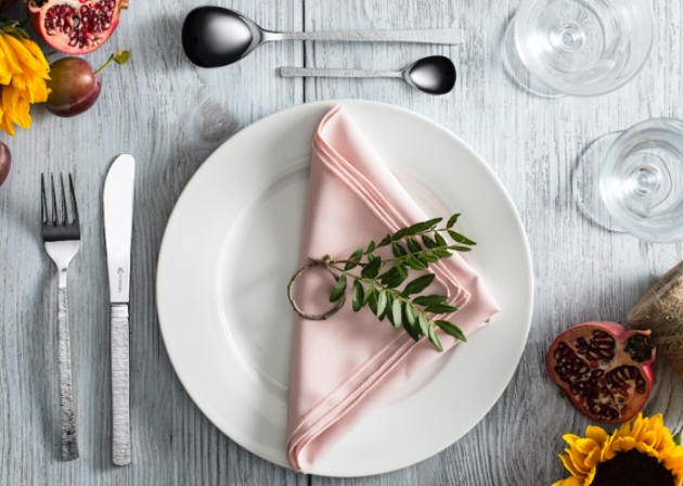 cutlery set laid out on a table with empty plates