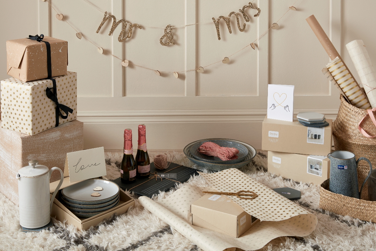 group of gifts on a table, from Denby homewares, blue plates and mugs 