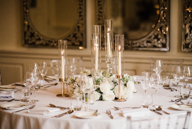 Wedding table set up at Eaves Hall with white theme