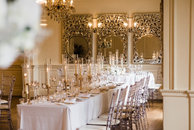 Top table with white theme set up at Eaves Hall by Thornton Events