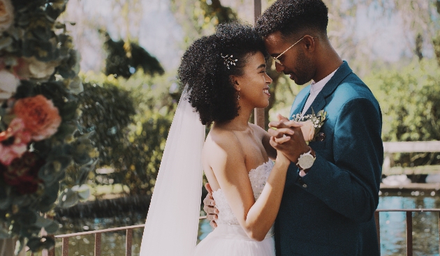 Bride and groom embracing