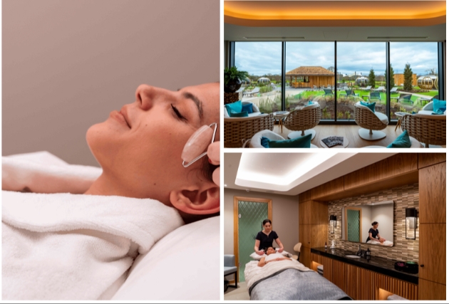 Split image of woman having a facial and the facilities at Carden Park Spa