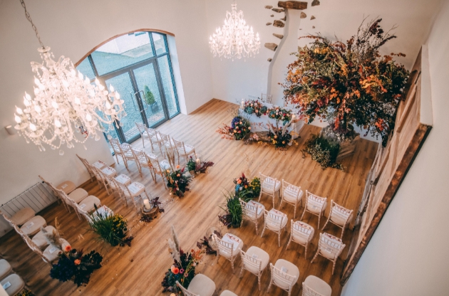 Interior of Talhenbont Hall set up for a wedding