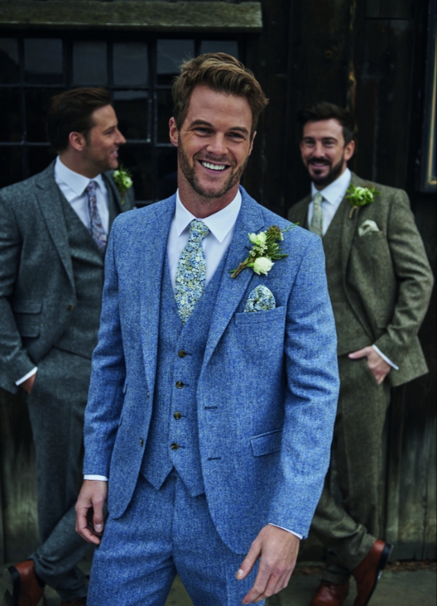 Groom and groomsmen blue and green tweed Peter Posh