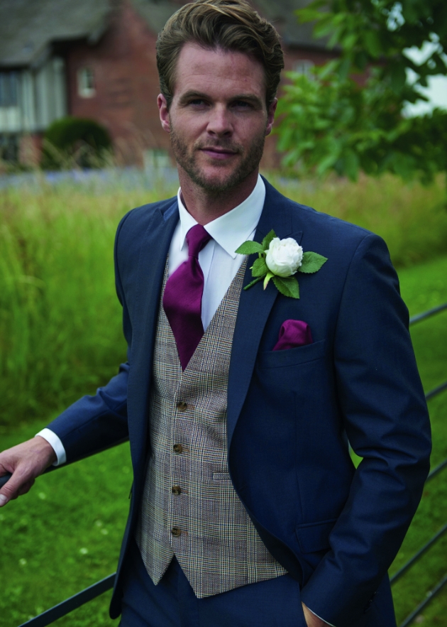 grooms or groomsmen dresses in tweed waistcoat and navy jacket Peter Posh