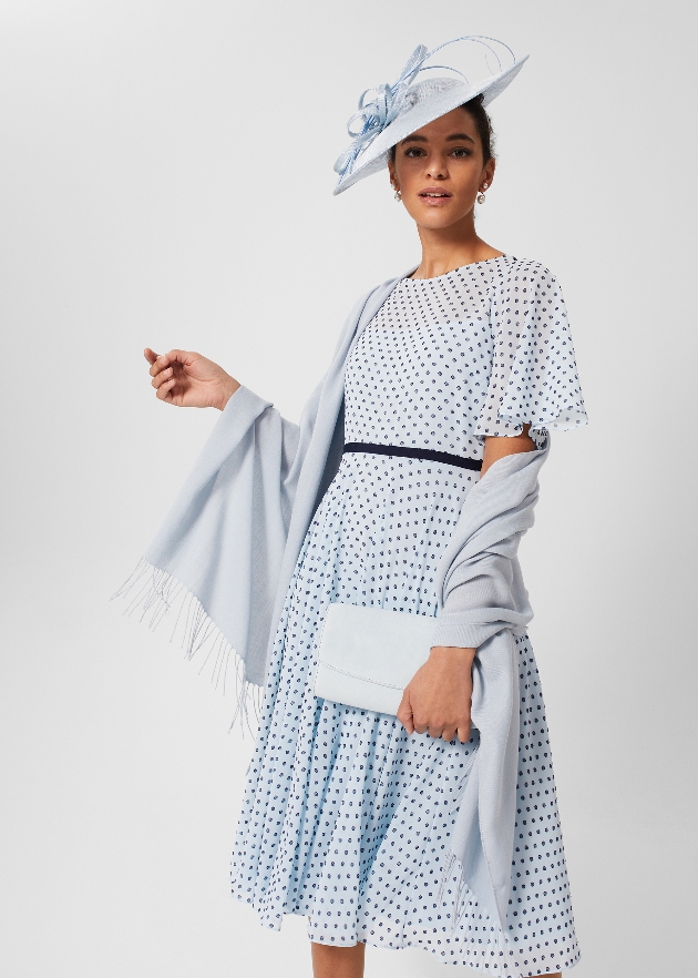 hobbs mother of the bride pale blue polka dot dress and fascinator