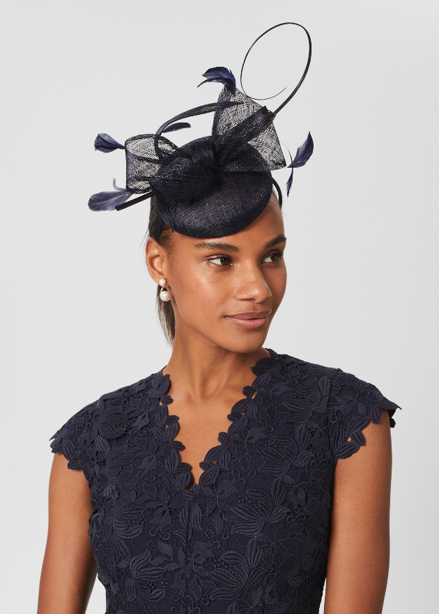 mother of the bride hobbs navy lace dress and fascinator