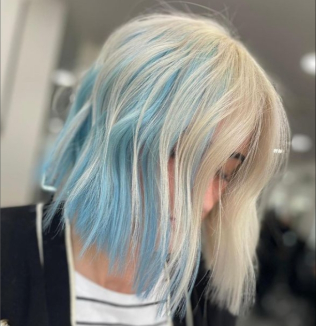 wavvy bob top layers blonde underneath layers pale blue