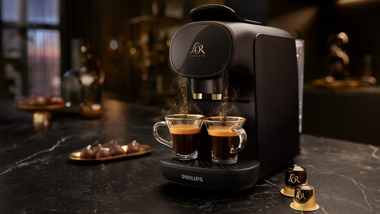 black coffee machine with two mugs