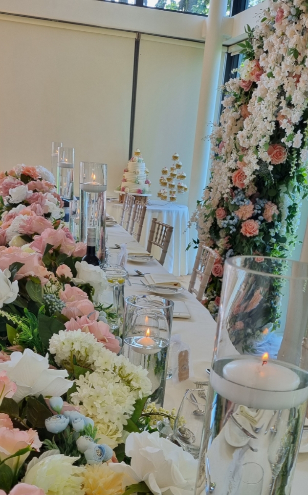 Pink and white flower arch, top table runner, florals