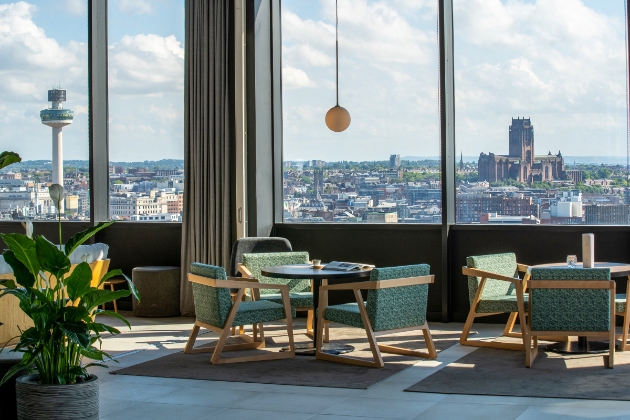 INNSiDE Liverpool Gino's sky bar seating and outlook over Liverpool Cathedral
