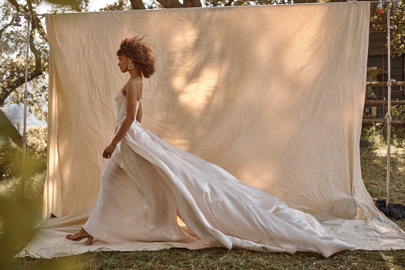 model in billowing silk gown