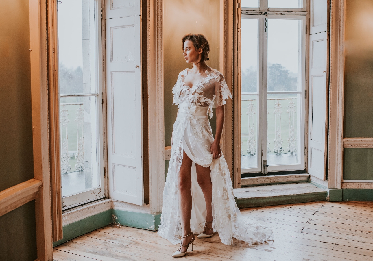 model in dress, opaque effect with large lace flowers