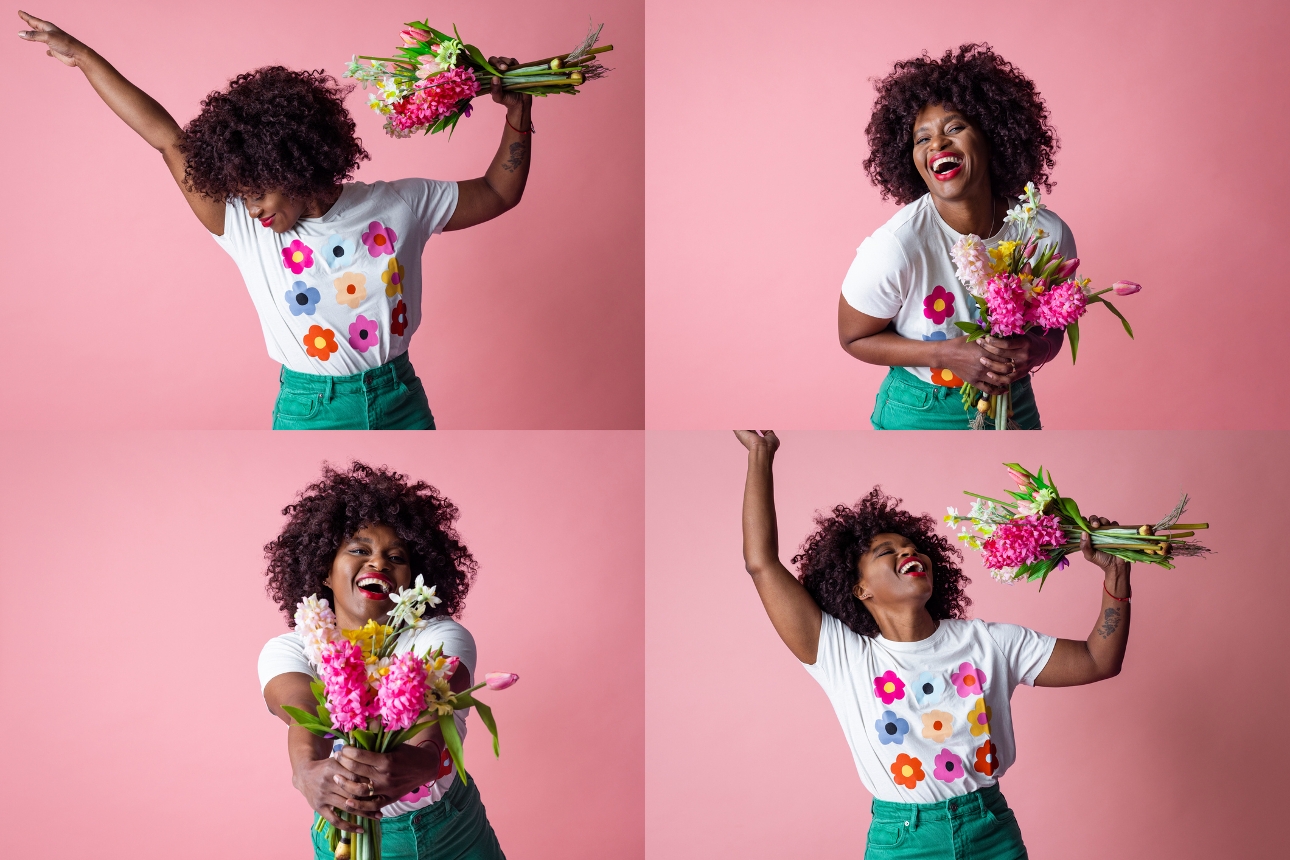 woman in four positions with flowers in her hand