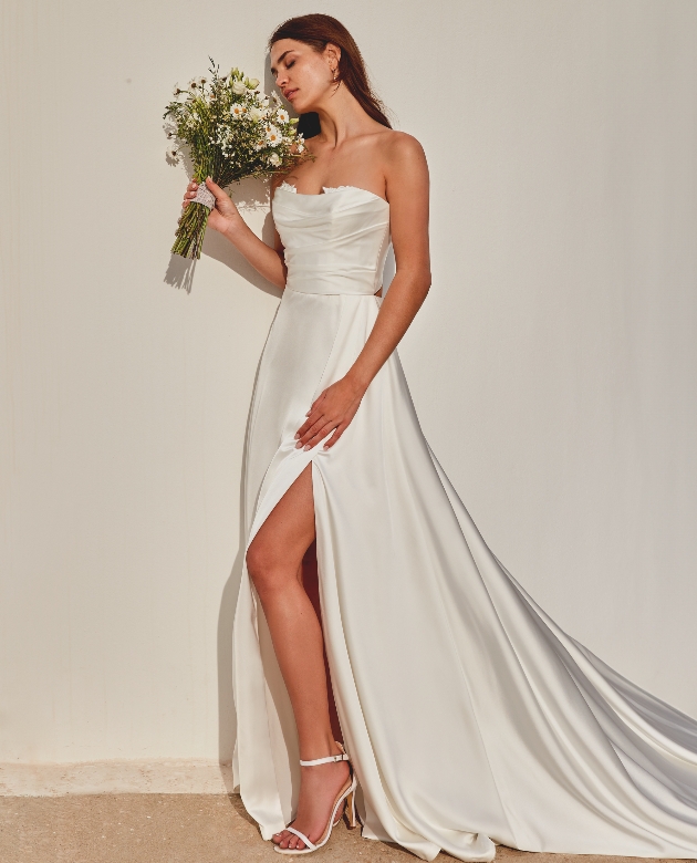 strapless satin wedding dress with high leg split