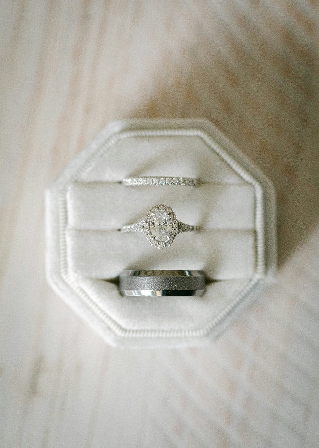 three while metal rings wedding and engagement, in a box