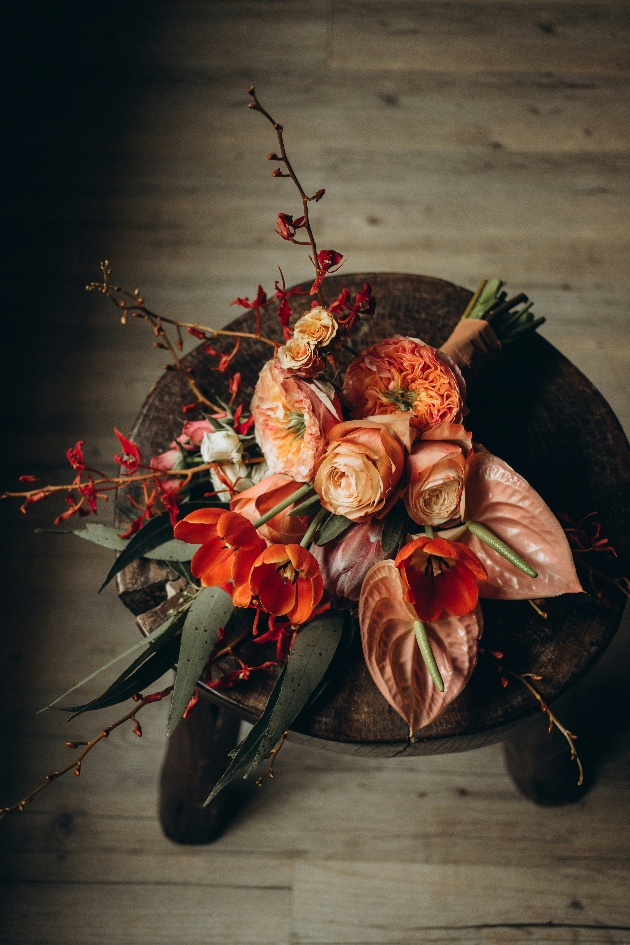 warm-hued bouquet with Anthuriums
