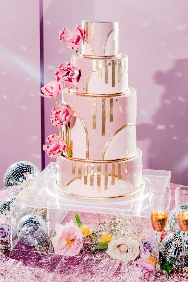 pink and gold geometric pattern wedding cake