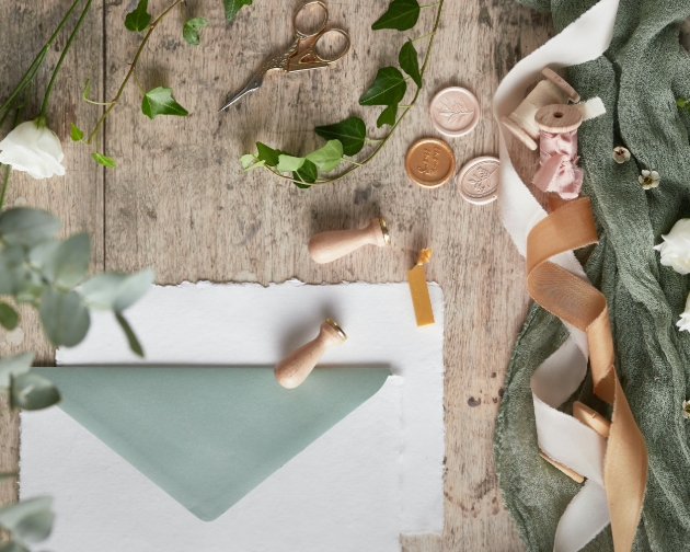 wedding stationery sage theme wax seals and ribbons