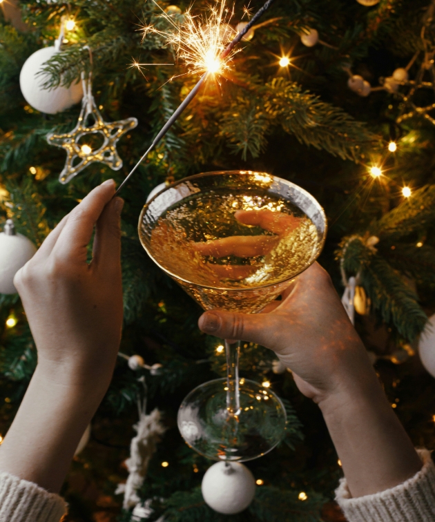 person holding martini glass with sparkler in front of Christmas tree