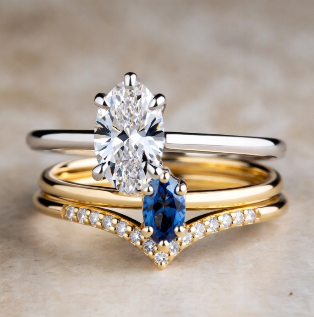 This stack features an engagement ring paired with a sapphire birthstone ring and a plain gold band.
