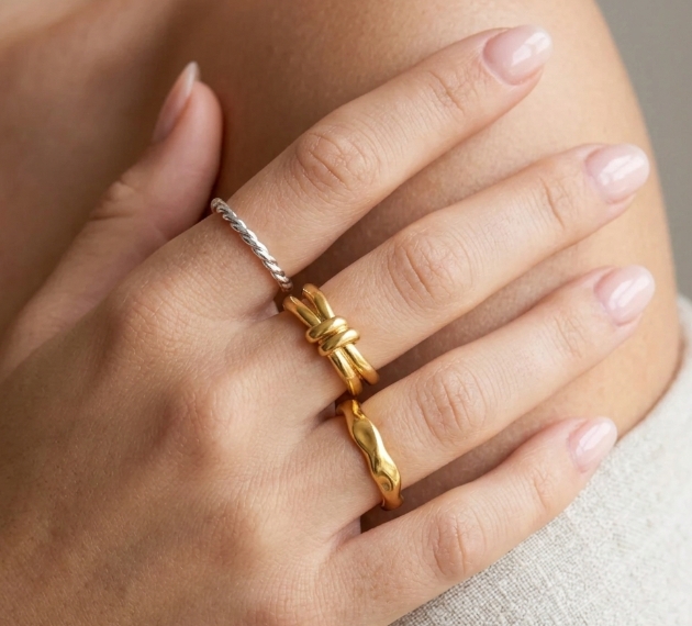 organic molten gold with geometric twisted gold, finished with a silver rope band