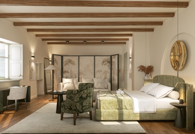 bedroom in a monastery hotel in Piedmont